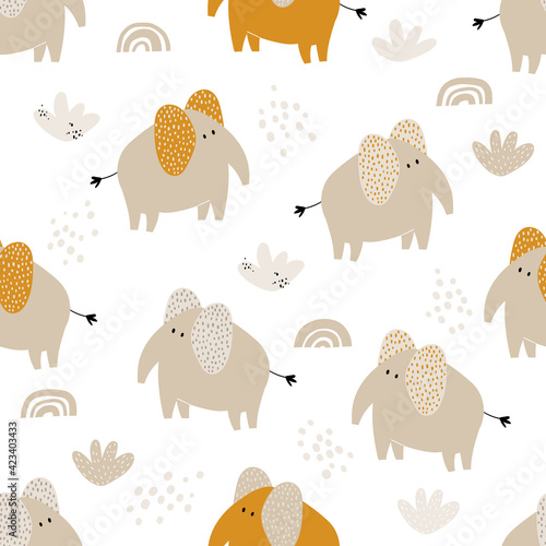 Vector hand-drawn colored childish seamless repeating simple flat pattern with cute elephants  rainbows and plants in Scandinavian style on a white background. Cute baby animals. Pattern for kids.