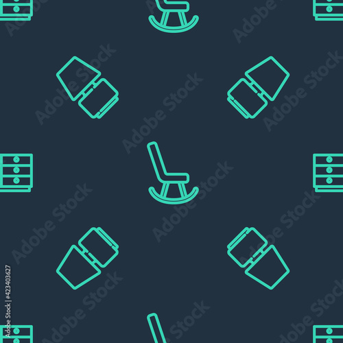 Set line Armchair, Table lamp and Chest of drawers on seamless pattern. Vector