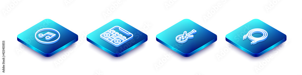 Set Isometric line Music note, tone, Home stereo with speakers, Electric bass guitar and Audio jack icon. Vector Set Isometric line Music note, tone, Home stereo with speakers, Electric bass guitar and Audio jack icon. Vector