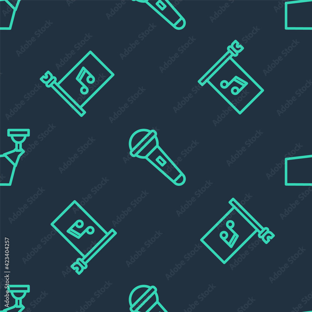 Set line Microphone, Music festival flag and Movie spotlight on seamless pattern. Vector Set line Microphone, Music festival flag and Movie spotlight on seamless pattern. Vector