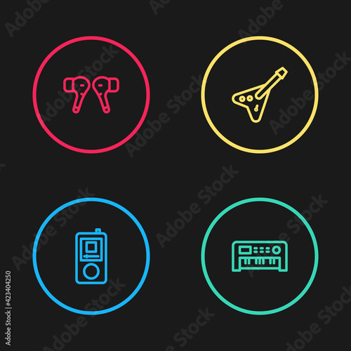 Set line Music player, synthesizer, Electric bass guitar and Air headphones icon. Vector