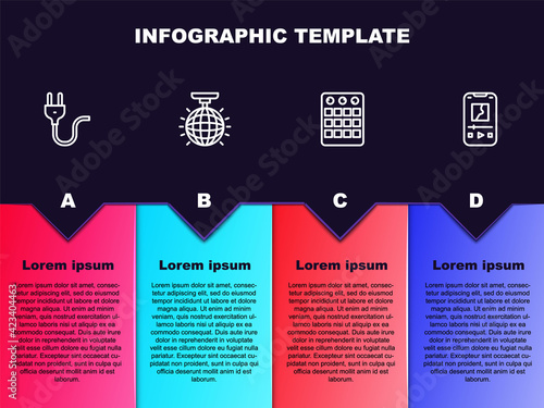 Set line Electric plug, Disco ball, Drum machine and Music player. Business infographic template. Vector