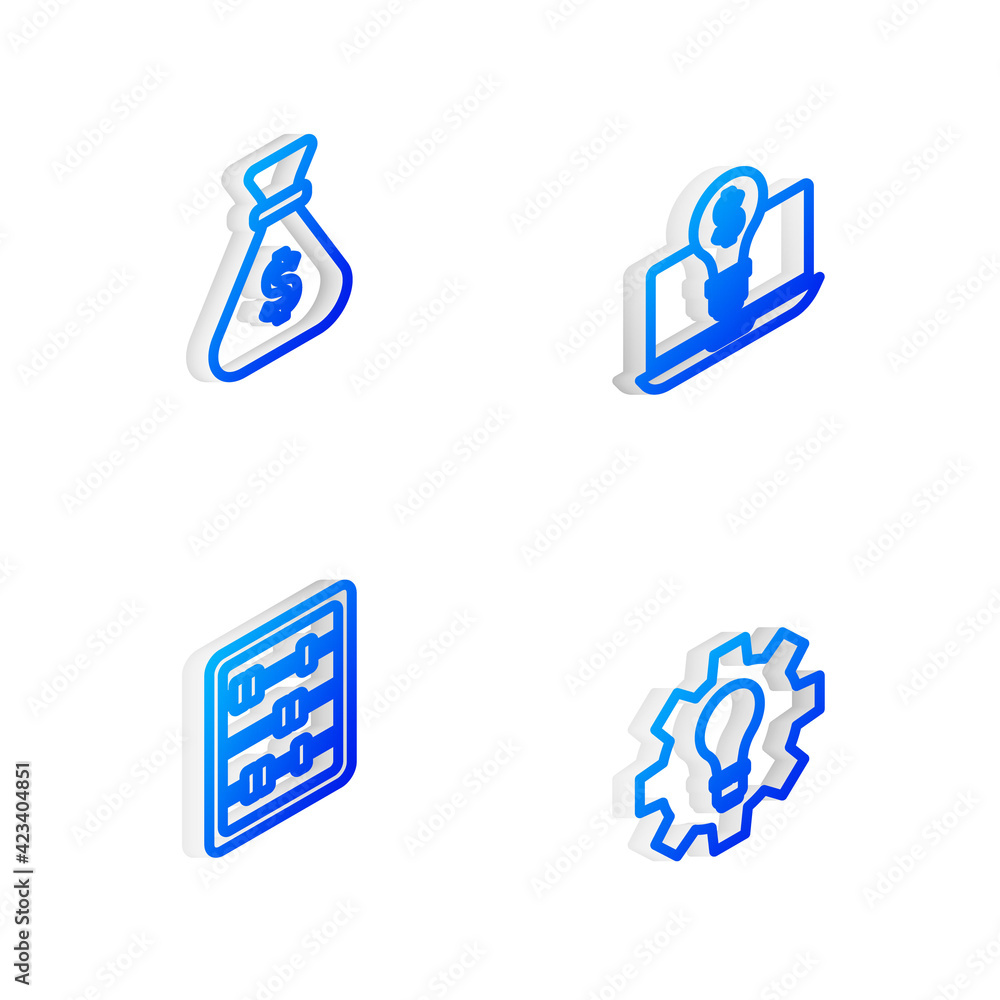 Set Isometric line Light bulb with dollar on laptop, Money bag, Abacus and and gear icon. Vector