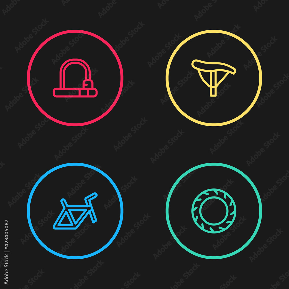 Set line Bicycle frame, wheel tire, seat and lock icon. Vector Set line Bicycle frame, wheel tire, seat and lock icon. Vector