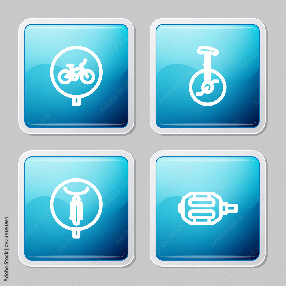 Set line Bicycle, Unicycle or one wheel bicycle, and pedal icon. Vector Set line Bicycle, Unicycle or one wheel bicycle, and pedal icon. Vector