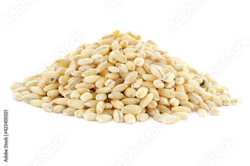 Tableau sur toile Pile pearl barley isolated on white, top view