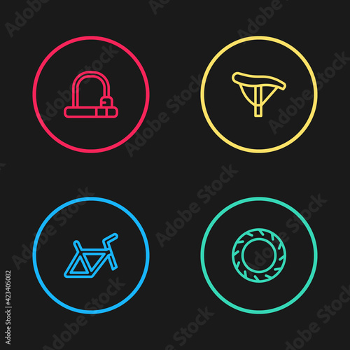 Set line Bicycle frame, wheel tire, seat and lock icon. Vector