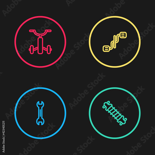 Set line Wrench spanner, Bicycle suspension, pedals and for kids icon. Vector