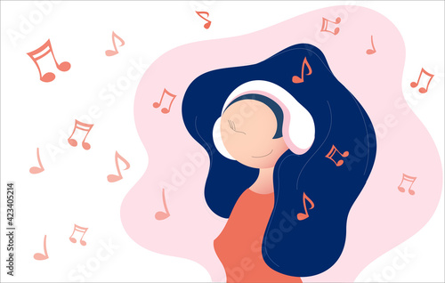 Girl Listening to Music Vector Illustration in Flat Patel Colors wth Stilized girl with Headphones
