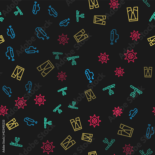 Set line Bicycle air pump, handlebar, Cycling shorts and sprocket crank on seamless pattern. Vector