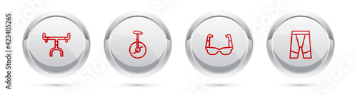 Set line Bicycle handlebar, Unicycle or one wheel bicycle, Sport cycling sunglasses and Cycling shorts. Silver circle button. Vector