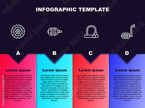 Set line Bicycle cassette, pedal, lock and . Business infographic template. Vector