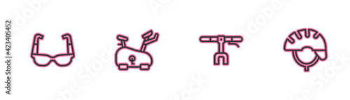 Set line Sport cycling sunglasses, Bicycle handlebar, Stationary bicycle and helmet icon. Vector