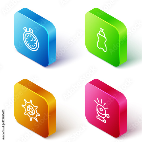 Set Isometric line Stopwatch, Sport bottle with water, Bicycle sprocket crank and bell icon. Vector