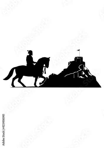 Chhatrapati Shivaji Maharaj silhouette riding horse and fort in the back. 