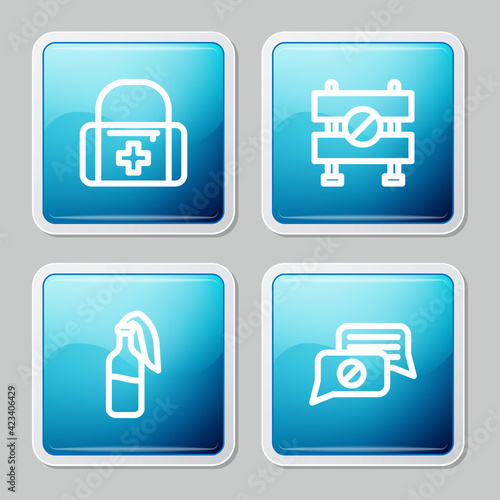 Set line First aid kit, Road barrier, Cocktail molotov and Speech bubble chat icon. Vector