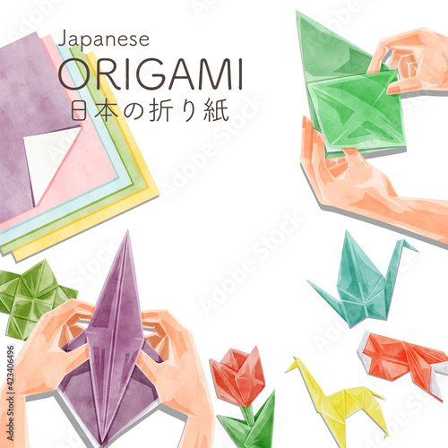 日本の折り紙フレーム手描き水彩風イラスト