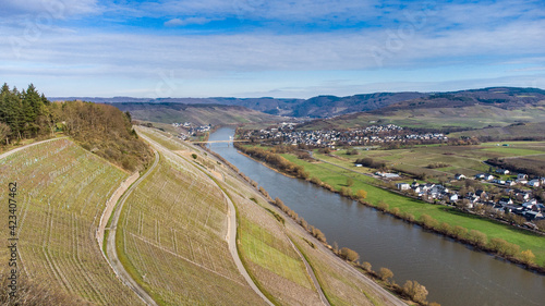 Aerial view of the river Moselle valley and the villages Brauneberg and Muelheim