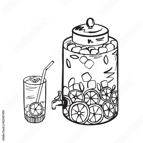 Large glass bottle of lemonade, doodle illustration hand drawn, water jug ​​on holiday tables, glass with lemonade 
