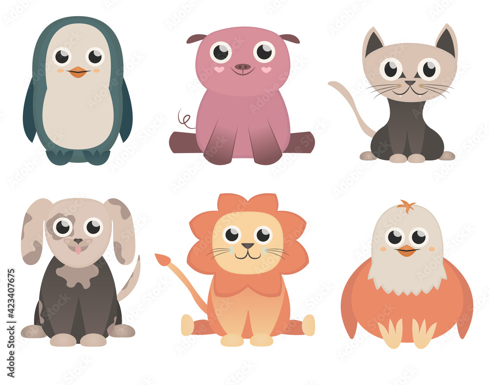 collection of cute animals with big eyes that sit, penguin, pig, cat, dog, lion, chicken, bird collection of cute animals with big eyes that sit, penguin, pig, cat, dog, lion, chicken, bird