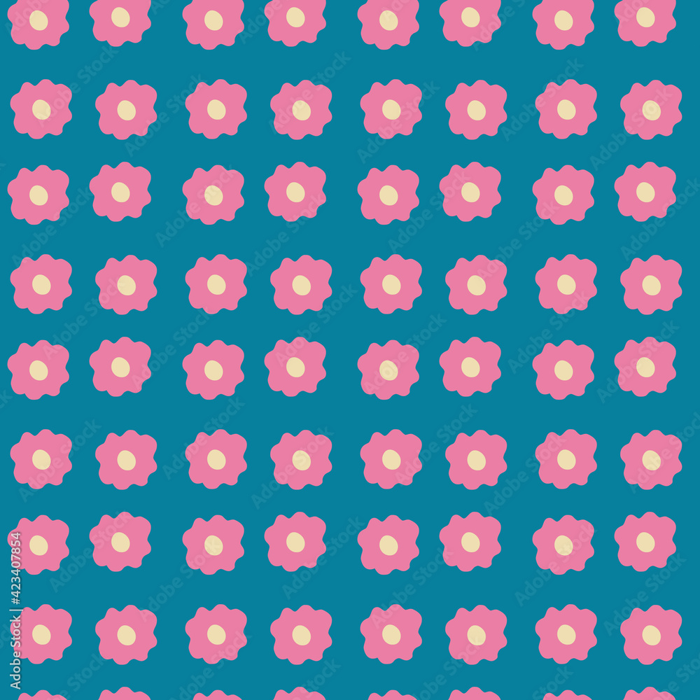 Floral seamless patterns. Minimal pink chamomile flowers seamless pattern on a blue background. Ornament fabric, wallpaper, packaging. Floral seamless patterns. Minimal pink chamomile flowers seamless pattern on a blue background. Ornament fabric, wallpaper, packaging.