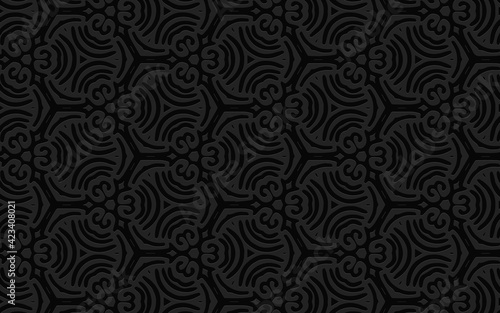 Geometric 3D convex volumetric abstraction. Black background of simple patterns, curls and lines for presentations, wallpaper. Ethnic embossed texture. 