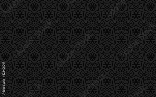 Geometric 3D convex volumetric abstraction. Black background of simple patterns, flowers, curls and lines for presentations, wallpapers, websites. Ethnic embossed texture. 