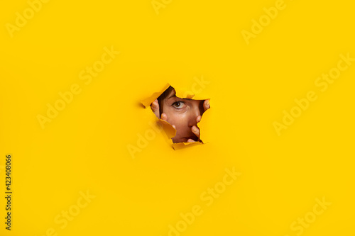 Young woman peeks out of a hole in the wall on a yellow background. Banner