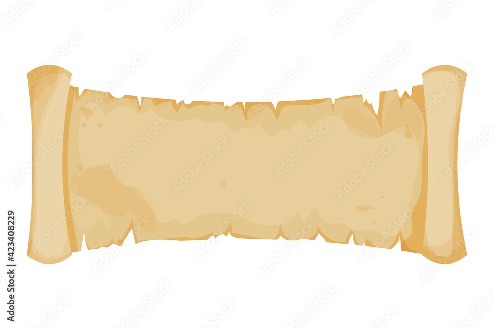 Parchment banner, scroll paper in cartoon style isolated on white background. Ui game asset design. Empty papyrus, antique blank stock vector illustration.