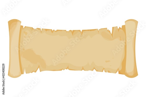 Parchment banner, scroll paper in cartoon style isolated on white background. Ui game asset design. Empty papyrus, antique blank stock vector illustration.