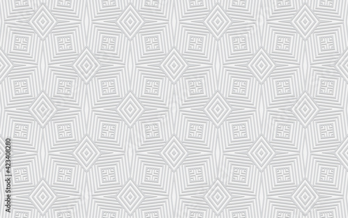 3D convex volumetric wallpaper. Ethnic geometric pattern on a white background with exotic oriental ornaments. Design and decor for presentations, business cards, textiles, wrapping paper.