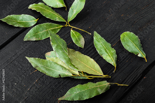 Aromatic organic bay leaves, on black wooden table background