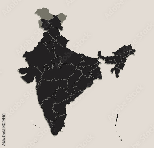 Black map of India individual regions, design blackboard, blank