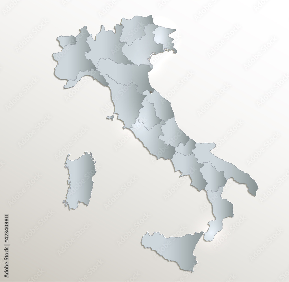 Fototapeta premium Italy map, administrative division, white blue card paper 3D blank