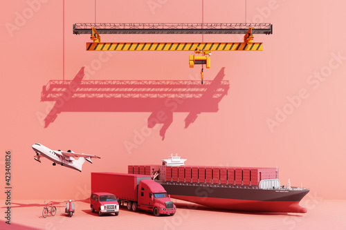 Shipping containers hanging from a crane with trailer and scooter bike and van. 3d global business commerce concept. 3D Rendering