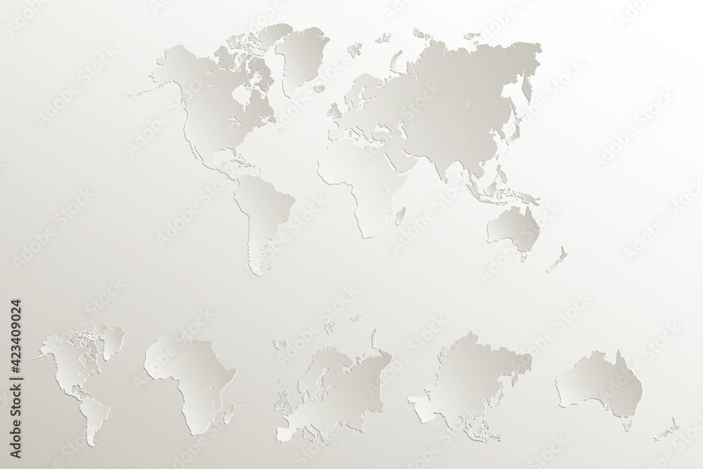 World continents map, America, Europe, Africa, Asia, Australia, Natural paper 3D blank World continents map, America, Europe, Africa, Asia, Australia, Natural paper 3D blank