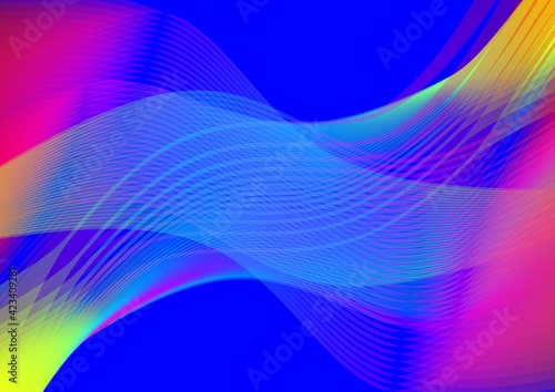 Semi-transparent waves in psychedelic rainbow strips on a dark blue background. Modern abstract background. Vivid wild colors. Suitable for placing white text.