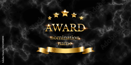 Golden award nomination emblem, black marble background. Movie award ceremony opening, celebration event, announcement vector illustration. Film theatre scene, gold text and ribbon