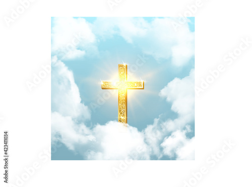 Church cross risen in heaven on Easter background. Christian golden crucifix symbol in sky with clouds and sunbeams vector illustration. Sun shining, religious holiday celebration