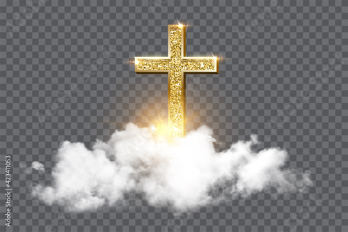 Church cross risen in heaven on transparent background. Christian golden crucifix symbol in sky with clouds and sunbeams vector illustration. Sun shining, religious holiday celebration