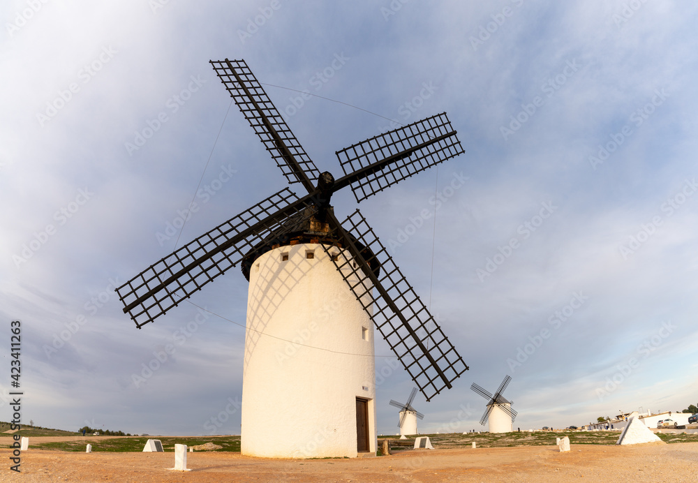 the historic white windmills of La Mancha above the town of Campo de Criptana