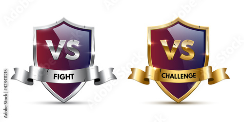 Shields vs with fight and challenge text set. Two versus battle banners with silver and golden ribbons and letters vector illustration. Competition elements on white background