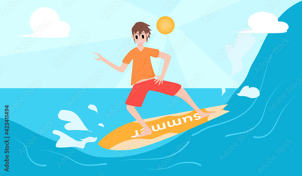 Happy summer, holiday. Man surfing in the sea, surfing on the sea.  Vector illustration for content  Activities at the sea, relaxation lifestyle, happiness, surfing, surfing, summer, vacation