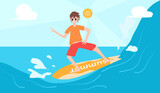 Happy summer, holiday. Man surfing in the sea, surfing on the sea.  Vector illustration for content  Activities at the sea, relaxation lifestyle, happiness, surfing, surfing, summer, vacation