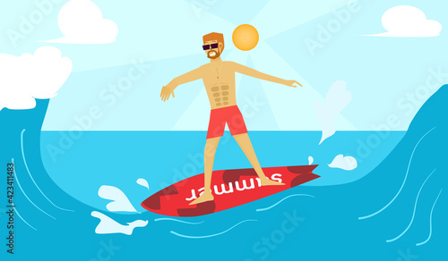Happy summer  holiday. Man surfing in the sea  surfing on the sea.  Vector illustration for content  Activities at the sea  relaxation lifestyle  happiness  surfing  surfing  summer  vacation
