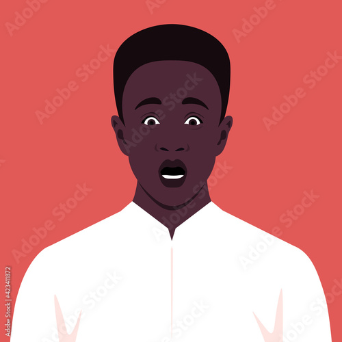 Shocked face. Portrait of an African guy who opened his mouth in surprise. Vector flat illustration