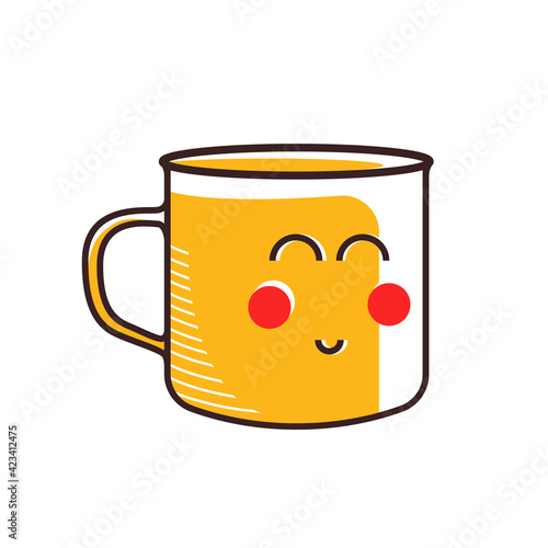 Cute enamel mug with a smile for tea or coffee. Vector flat design illustration on a transparent background.