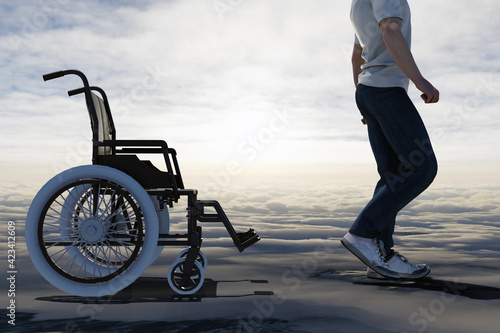 Person walking away from wheelchair, disability or injury recovery concept. 3D Illustration