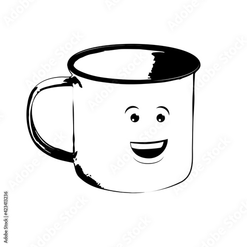 Cute enamel mug with a smile for tea or coffee. Vector flat design illustration on a transparent background.