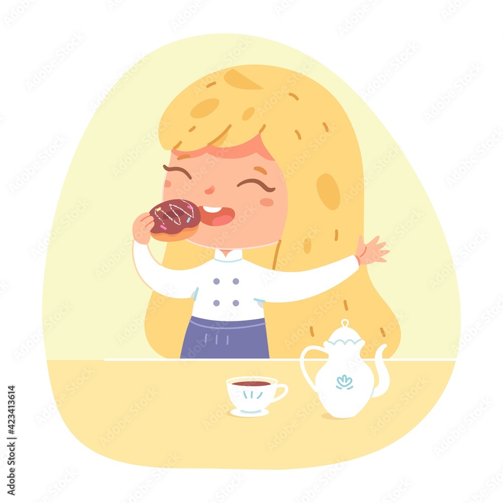 Girl tasting prepared doughnuts at home. Little kid in apron eating doughnut with icing and sugar after cooking vector illustration. Young happy chef with sweet food in kitchen